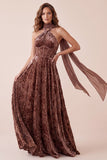 Corsé de chocolates Terciopelo A-Line Maxi Vestido formal con faja de gasa
