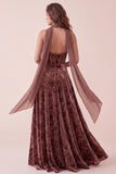Corsé de chocolates Terciopelo A-Line Maxi Vestido formal con faja de gasa