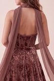 Corsé de chocolates Terciopelo A-Line Maxi Vestido formal con faja de gasa