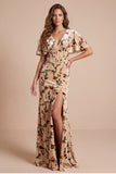 Corsé champán con escote en V y escote en pico, vestido formal maxi con abertura lateral