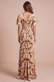 Corsé champán con escote en V y escote en pico, vestido formal maxi con abertura lateral