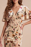 Corsé champán con escote en V y escote en pico, vestido formal maxi con abertura lateral