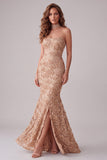 Vestido formal largo sin tirantes con y abertura lateral Sirena Champagne