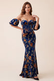 Vestido formal Maxi sin tirantes de sirena estampado de corsé azul oscuro con mangas abbullonadas desmontables