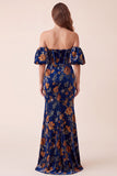 Vestido formal Maxi sin tirantes de sirena estampado de corsé azul oscuro con mangas abbullonadas desmontables