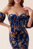 Vestido formal Maxi sin tirantes de sirena estampado de corsé azul oscuro con mangas abbullonadas desmontables