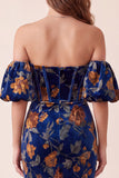 Vestido formal Maxi sin tirantes de sirena estampado de corsé azul oscuro con mangas abbullonadas desmontables