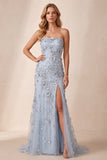 Vestido formal largo de lentejuelas azul polvoriento azul sin tirantes con abertura lateral y flor 3D
