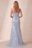Vestido formal largo de lentejuelas azul polvoriento azul sin tirantes con abertura lateral y flor 3D