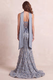 Vestido formal de cola sin tirantes con flecos y sirena azul polvoriento