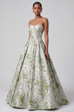 Vestido de baile corsé verde salvia Jacquard largo sin tirantes con perlas