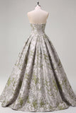 Vestido de baile corsé verde salvia Jacquard largo sin tirantes con perlas