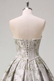 Vestido de baile corsé verde salvia Jacquard largo sin tirantes con perlas