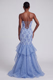 Vestido de graduación de graduación de organza de organza sin tirantes de sirena azul sin tirantes florales con volantes