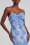 Vestido de graduación de graduación de organza de organza sin tirantes de sirena azul sin tirantes florales con volantes