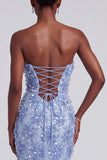 Vestido de graduación de graduación de organza de organza sin tirantes de sirena azul sin tirantes florales con volantes