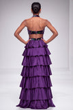Vestido largo de graduación de terciopelo de satén con volantes y recorte morado con recorte morado
