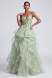 Tirantes finos verde claro de tirantes finos de lentejuelas Vestido largo de graduación con apliques