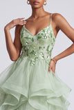 Tirantes finos verde claro de tirantes finos de lentejuelas Vestido largo de graduación con apliques