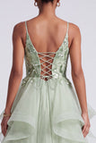 Tirantes finos verde claro de tirantes finos de lentejuelas Vestido largo de graduación con apliques