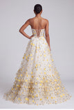 Corsé amarillo claro, vestido largo largo de graduación con volantes y tirantes y aplique florales