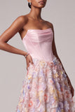 Corsé rosa satinado Appliques, perlas, vestido largo sin tirantes