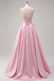 Vestido de graduación largo de satén rosa sin tirantes florales con abertura lateral