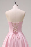 Vestido de graduación largo de satén rosa sin tirantes florales con abertura lateral