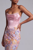 Corsé rosa sin tirantes de satén perlas sirena Apliques florales Vestido largo de graduación