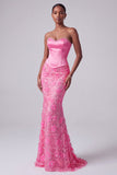 Vestido largo de graduación sin tirantes de sirena rosa brillante