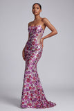 Vestido largo de baile de fin de curso floral de sirena transparente de malla transparente fucsia con cola de barrido