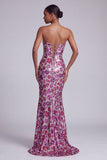 Vestido largo de baile de fin de curso floral de sirena transparente de malla transparente fucsia con cola de barrido