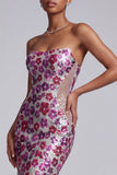 Vestido largo de baile de fin de curso floral de sirena transparente de malla transparente fucsia con cola de barrido