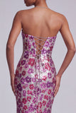Vestido largo de baile de fin de curso floral de sirena transparente de malla transparente fucsia con cola de barrido