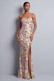 Vestido largo de baile de sirena con abertura rosa con lentejuelas y tirantes de pedrería