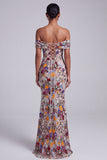 Vestido largo de baile de fin de curso, gris claro con flores de sirena con hombros descubiertos