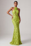 Vestido largo de graduación con bordados de sirena verde con cuello caber y lentejuelas