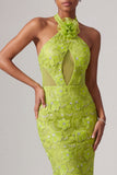 Vestido largo de graduación con bordados de sirena verde con cuello caber y lentejuelas
