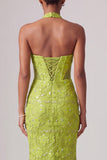 Vestido largo de graduación con bordados de sirena verde con cuello caber y lentejuelas