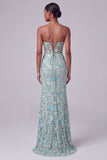 Corsé azul polvoriento, escote en pico, con bordado floral de lentejuelas, vestido largo de sirena con abertura