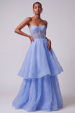 Corsé azul perlas transparentes Vestido largo de graduación en A-Line sin tirantes