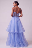 Corsé azul perlas transparentes Vestido largo de graduación en A-Line sin tirantes