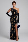 Vestido de Madre de la Novia de Terciopelo Negro Fundado de Un Hombro Maxi