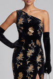 Vestido de Madre de la Novia de Terciopelo Negro Fundado de Un Hombro Maxi