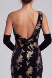 Vestido de Madre de la Novia de Terciopelo Negro Fundado de Un Hombro Maxi