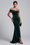 Vaina verde oscuro sobre el hombro, terciopelo alto y bajo, largo vestido de madre de la novia