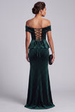 Vaina verde oscuro sobre el hombro, terciopelo alto y bajo, largo vestido de madre de la novia