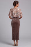 Chocolate Sheath Steam Terciopelo de cuello redondo Lentejuelas Vestido largo de madre de la novia con capa