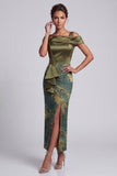 Vestido largo de madre de la novia con estampado asimétrico de vaina oliva y con volantes