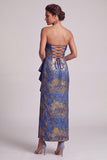 Vestido largo de madre de la novia, vestido de funda azul oscuro sin tirantes